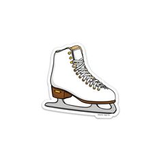 an ice skate sticker is shown in white and brown colors, with gold accents