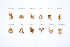 zodiac symbols are shown in gold on a white surface with the names written below them