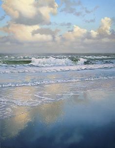 an oil painting of the ocean with clouds in the sky and waves crashing on the beach