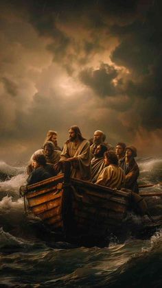 a painting of jesus riding in a boat full of people on the water with storm clouds overhead