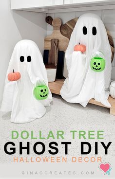 three ghost decorations with text overlay reading dollar tree ghost diy halloween decor