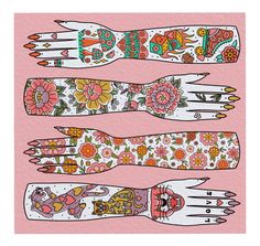 three pairs of gloves with flowers and cats on them, one in pink the other in white