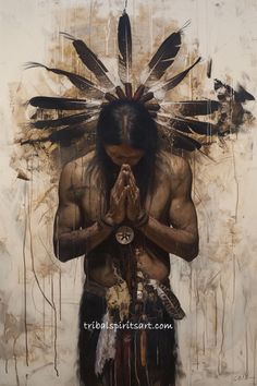 a painting of a native american man with feathers on his head and hands folded in prayer