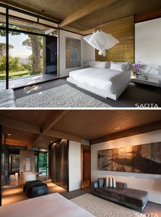 two pictures of a modern bedroom and living room