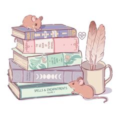 a mouse sitting on top of books next to a coffee cup with feathers in it