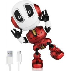 a red and white robot is standing next to a charger plugged into an outlet