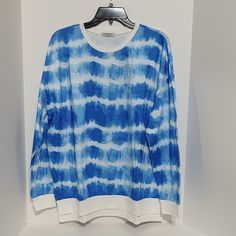 Nwt. New Blue & White Tye Dyed Long Sleeve Top Sz Xl - Xxl Tag Says Large But Will Fit Up To 48" Bust. Please See Pic For Materials And Further Description. Bn15 Length Front 27.5 Back 29.5" Blue Long Sleeve Bleached Top, Hand-dyed Blue Tops For Spring, Emerald Green Blouse, Flannel Blouse, Red Camisole, Turtleneck Tunic Sweater, Soft Knit Cardigan, Duster Cardigan Sweater, Sleeveless Sweater Vest