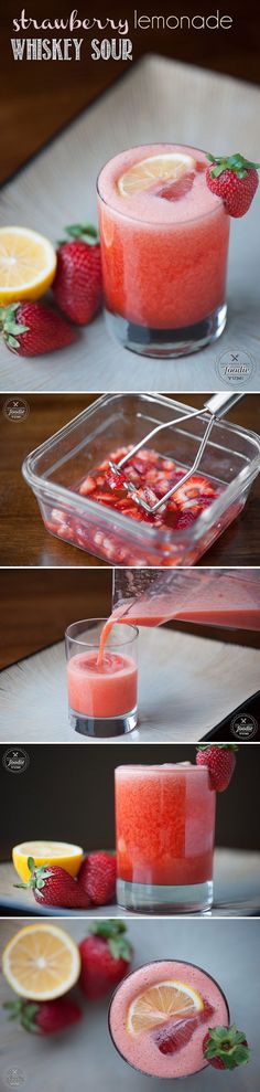 strawberry lemonade is being poured into a glass bowl