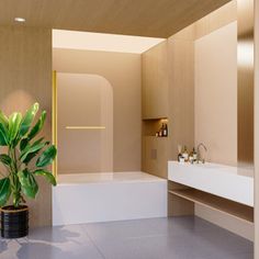 a bathroom with a potted plant in the middle of the bathtub and sink