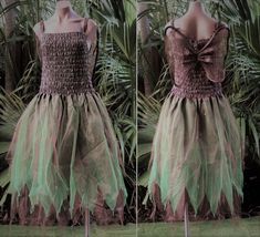 two pictures of a dress made out of tulle and green fabric, with palm trees in the background