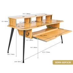 an image of a desk with measurements for the top and bottom section, including two shelves