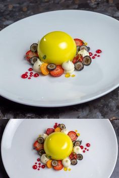 two plates with different types of food on them, one has an egg in the middle