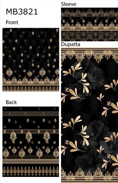 black and gold wallpaper with floral designs on the sides, in different sizes and colors