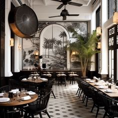 a restaurant with black and white tile flooring and tables set up for an event