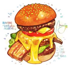 a drawing of a hamburger with cheese and bacon