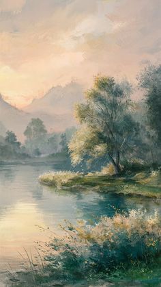 a painting of a lake with trees and mountains in the background