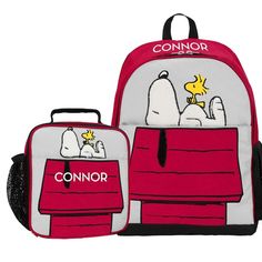 a backpack and lunch bag set with snoopy on the back, one is red