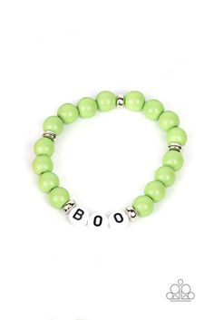 Colorful bracelets in assorted colors and shapes. The word "BOO" is spelled out on white beads creating playful spooky excitement. This stretchy beaded bracelet is in green patterns.

 Sold as one stretch bracelet. Novelty Green Beaded Bracelets, Green Novelty Bracelets With Round Beads, Fun Green Stretch Bracelet With Letter Beads, Green Fun Jewelry With Letter Beads, Green Stretch Bracelet With Letter Beads In Fun Style, Green Round Beads Novelty Jewelry, Novelty White Bracelets With Letter Beads, Green Novelty Jewelry With Round Beads, Fun Green Jewelry With Letter Beads