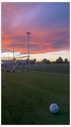 a soccer ball sitting on top of a green field next to a goalie post