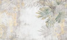 an artistic wallpaper with palm leaves and yellow paint on the walls in grey tones