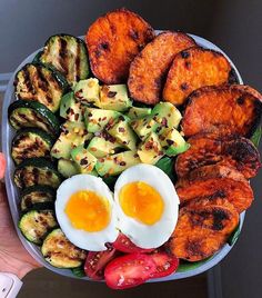 a person holding a plate with eggs, vegetables and meats on it in their hands