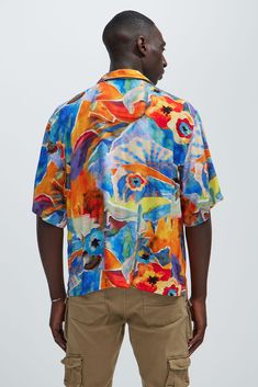 Available In Multi Color. Fold Down Collar Front Button Closure Short Sleeve 100% Rayon Imported | Mens Fenton Painting Shirt size 2XL by Fashion Nova Search By Photo, Paint Shirts, Service Women, Popular Outfits, Color Fashion, Colorful Fashion, Everyday Essentials Products, Fashion Nova, Multi Color