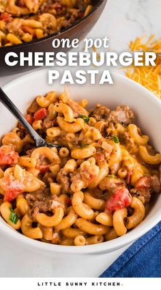 one pot cheeseburger pasta in a white bowl with the title overlay reads, one pot cheeseburger pasta