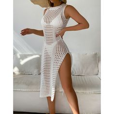 White Hollow-out Crochet Sleeveless High Split Beach Cover Beach Knitwear, Knit Beach Dress, Cover Up Swimwear, High Split Dress, Prom Dresses Boho, Knitted Swimsuit, Crochet Cover, Crochet Cover Up, Sleeveless Dress Summer