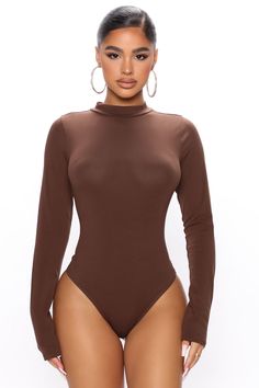 Available In Chocolate Mock Neck Long Sleeves Snap Closure Final Sale 95% Cotton 5% Spandex Imported | Melanie Mock Neck Bodysuit in Chocolate Brown size Small by Fashion Nova Chocolate Fashion, Mock Neck Bodysuit, Review Fashion, Loungewear Women, Womens Loungewear, Shop Maxi Dresses, Basic Tops, Black Bodysuit, Rompers Women