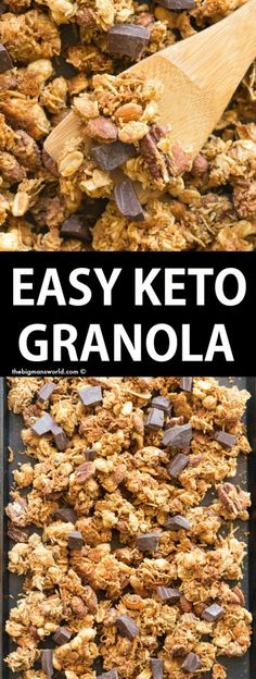 an easy keto granola recipe with chocolate chips on top and in the middle