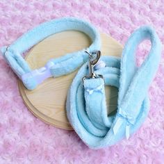 a blue leash and collar on a pink rug with a wooden board in the background