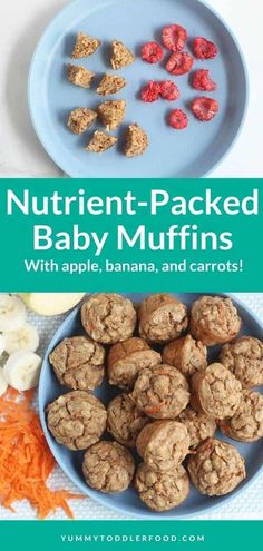 two plates with muffins and carrots next to the words, nutriti - packed baby muffins