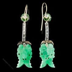 Antiques Atlas - Edwardian Jade Diamond Drop Earrings Circa 1910 Ornate Antique Finish Dangle Earrings, Green Intricate Design Dangle Earrings, Antique Green Drop Earrings, Luxury Antique Gemstone Earrings, Ornate Gemstone Drop Earrings, Carved Jade, Dragon Eye, Silver Lockets, Jade Carving