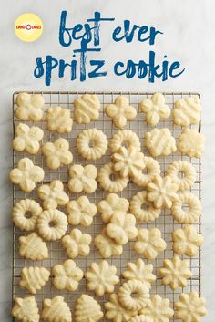 the best ever spritz cookie recipe on a cooling rack with text overlay