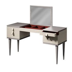 a desk with a mirror and drawers on it's sides, in front of a white background