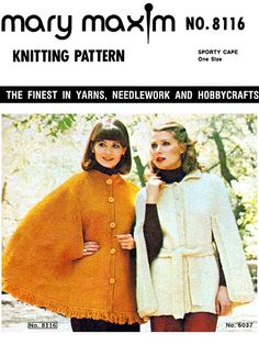 two women in coats and hats standing next to each other on the cover of knitting pattern