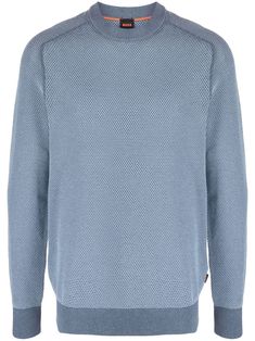 blue cotton blend ribbed knit crew neck long sleeves straight hem Crew Neck Jumper, Hugo Boss, Ribbed Knit, Knitted Sweaters, Jumper, Knitwear, Men Sweater, Cotton Blend, Long Sleeves