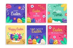 four colorful easter cards with flowers and eggs