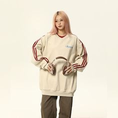 Color: Apricot, Size: L Detail Photography, Vintage Crewneck Sweatshirt, Vintage Crewneck, Preppy Aesthetic, Striped Sleeve, Loose Tops, Vintage Sweaters, Stripe Sweater, Jacket Tops