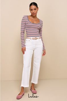 We're loving the weekend vibes we're getting from the DAZE Denim Sundaze Cream Distressed High Rise Dad Jeans! Stretchy woven denim shapes a high-waisted fit and straight pant legs with roughed-up hems. Belt loops, top button, hidden zipper fly, and five-pocket cut. Bonus utility pocket and hammer loop at either side. Logo tag at back. Fit: This garment fits true to size. Length: Ankle length. Size 28 Inseam: 26.50 Front Rise: 11.25 Waist: Fitted - very fitted at natural waist. Hip: Fitted - con Casual Striped Jeans For Fall, Striped Relaxed Fit Jeans For Spring, Striped Jeans For Spring, Casual Striped Jeans For Spring, The Weekend Vibes, Lulu Fashion, Unique Fits, Dad Jeans, Jeans Distressed