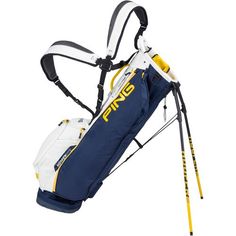 a blue and white golf stand bag with yellow lettering on the side, attached to a shoulder strap