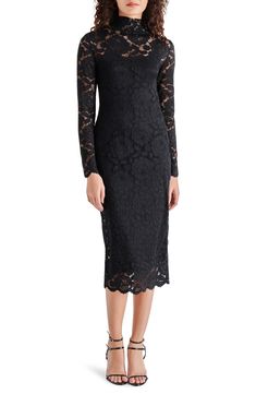 A long-sleeve dress crafted from lace bursting with roses adds a dose of sweetness to your ensemble. Mock neck Long sleeves Partially lined 100% nylon Hand wash, dry flat Imported Model stats: 5'10" height, 41" bust, 36" waist, 48" hip. Long Sleeve Scalloped Lace Dress, Formal Long Sleeve Dresses With Scalloped Lace, Formal Long Sleeve Lace Dress With Scalloped Lace, Chic Long Sleeve Lace Dress For Formal Events, Chic Long Sleeve Lace Dress For Formal Occasions, Formal Long Sleeve Lace Dress, Fitted Long Sleeve Lace Dress For Fall, Long Sleeve Scalloped Lace Dresses For Date Night, Long Sleeve Lace Dress For Date Night