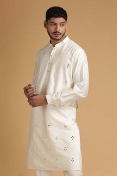 Shop for Chatenya Mittal White Cotton Silk Embroidered Kurta And Pant Set for Men Online at Aza Fashions Silk Kurta Set, Silk Kurta, Classic Pants, Ivory Silk, Embroidered Neckline, Kurta With Pants, Mirror Work, Cotton Pyjamas, Kurta Set