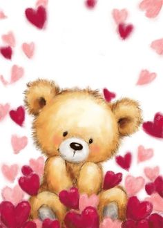 a brown teddy bear sitting on top of hearts