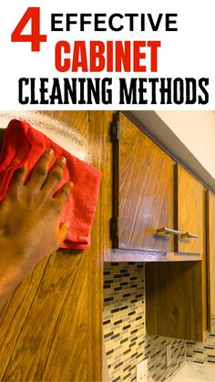 a person wiping up the kitchen cabinets with a red towel and microfit pad