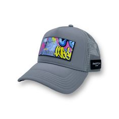 Grey Trucker Hat PARTCH w/ Art patch Hustle | PARTCH-Clip - Alan Berman Artist Hustle Art, Urban Style Design, Luxury Brand Packaging, Mens Trucker Hat, Grey Hat, Swag Art, Fashion Business Casual, Leather Accents, Urban Style