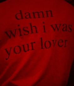 the back of a red shirt that says damn wish i was your lover on it