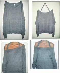 four pictures of different styles of sweaters and one with cutouts on the shoulders