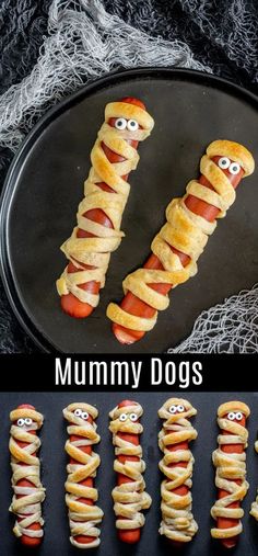 some hotdogs wrapped in bacon with googly eyes