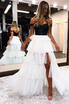 Off the Shoulder Black White High Low Prom Dresses Tiered Prom Dress, Off Shoulder Evening Gown, High Low Prom Dresses, Satin Tulle, Sweetheart Prom Dress, Womens Prom Dresses, Formal Party Dress, White Tulle, Black Prom Dresses